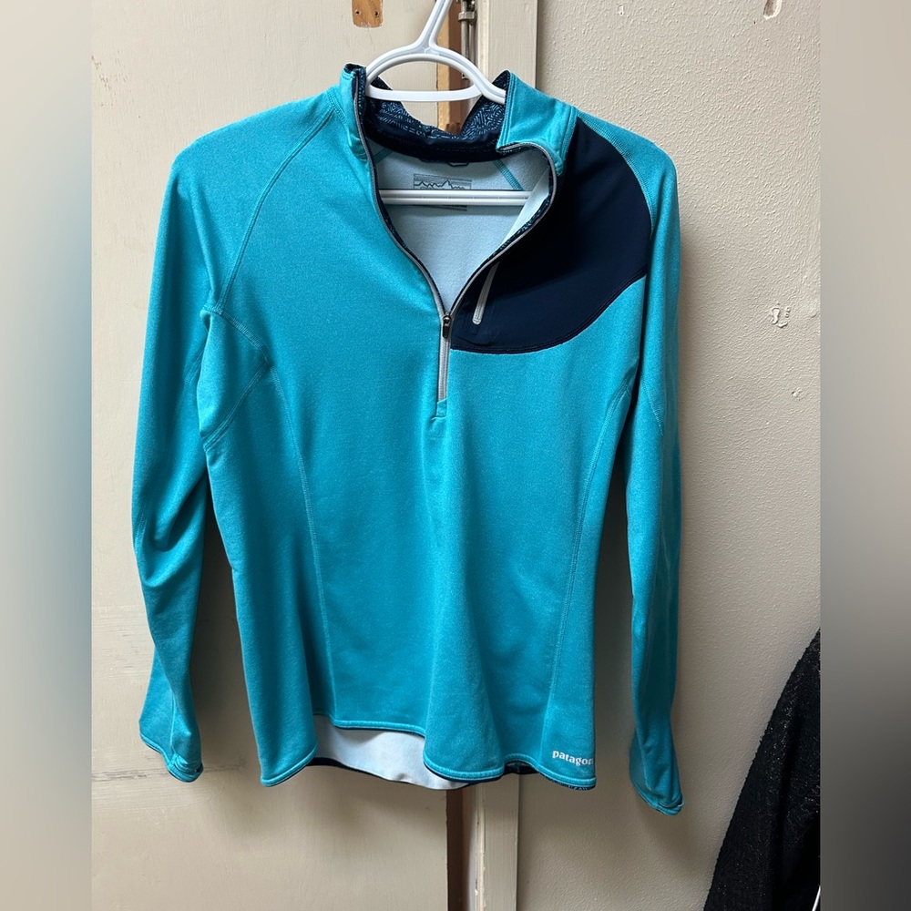 Patagonia Women’s Thermal Speedwork Zip Neck Shirt Teal Navy Sz Small